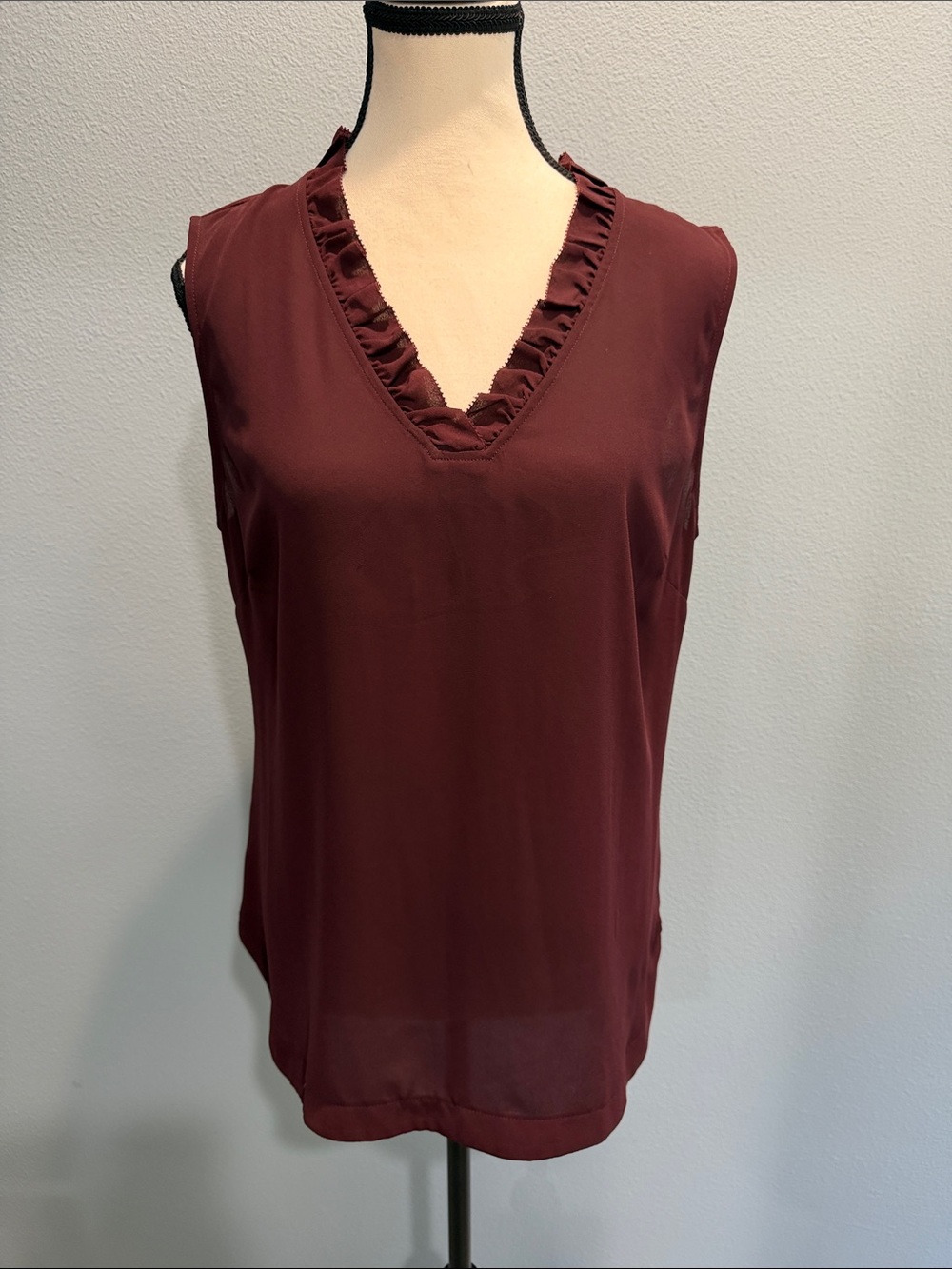 Ann Taylor Factory Burgundy Ruffle V-Neck Sleeveless Camisole